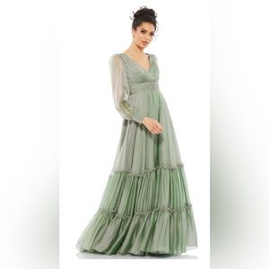 Mac Duggal Faux Wrap long sleeved tier gown- sage